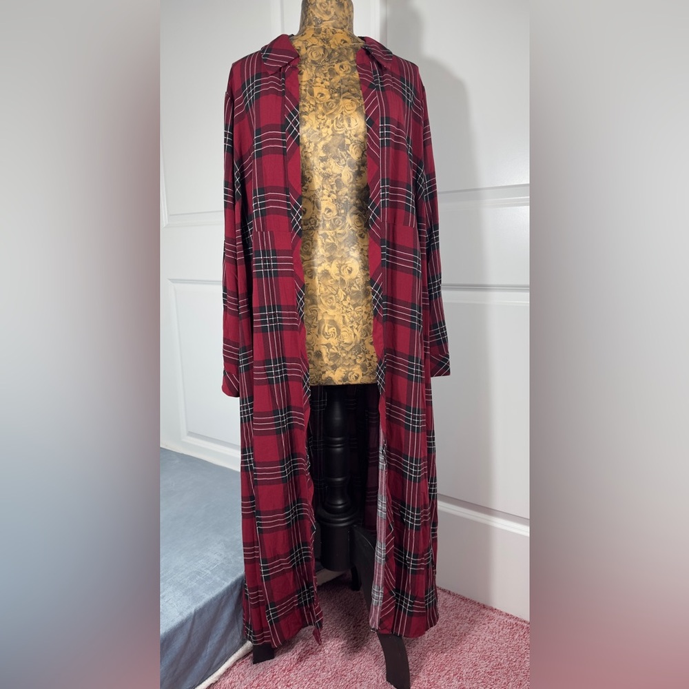 Torrid Red Plaid Challis Maxi Shirt Duster Kimono